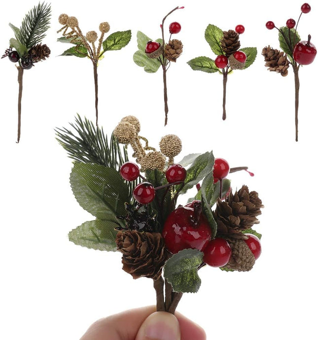 Gentlecarin Artificial Pine Picks, 30pcs Christmas Red Berries Pine Cones Stems, Mini Stimulation Red Berries Branches for Xmas Flower Arrangements Wreaths Decorations