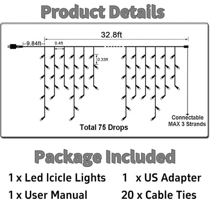 LED Icicle Lights Outdoor 32.8FT, Cool White 400 LED Christmas Indoor Decorations String Lights with Timer Remote, Plug in Waterproof 8 Modes Twinkling Fairy Lights for Xmas, Thanksgiving, Party, Yard