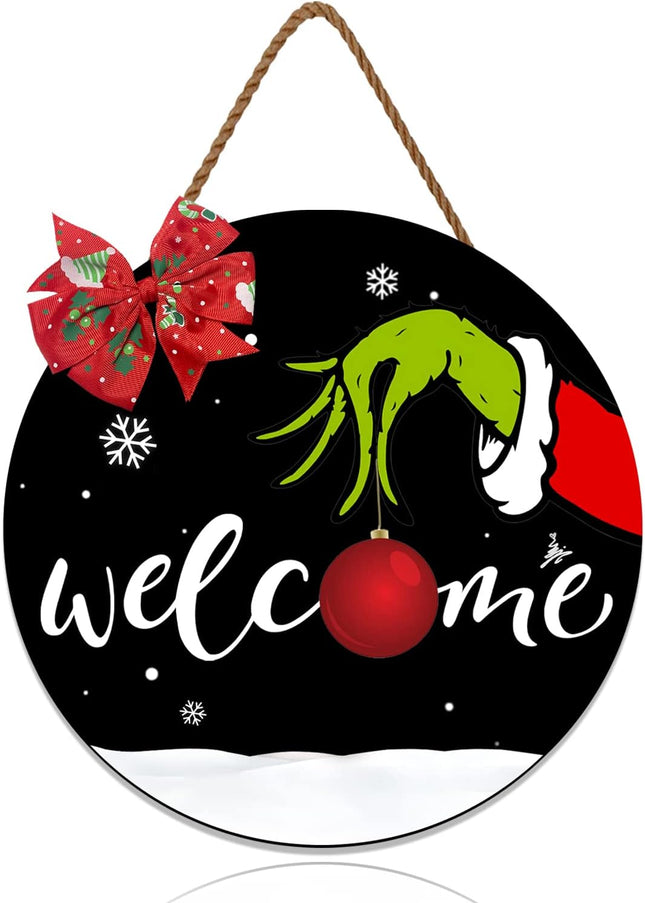 Christmas Welcome Sign for Front Door, Merry Christmas Wooden Welcome Hanging Door wreath Xmas Holiday Christmas Decorations Wreath with Bow for Front Door Home Farmhouse Porch Indoor Outdoor(12 in)