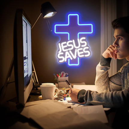 Cross Neon Signs Jesus Saves LED Signs for Wall Decor Dimmable Jesus Neon Lights Signs for Bedroom Living Room Christian Church Events Birthday Christmas Decor s