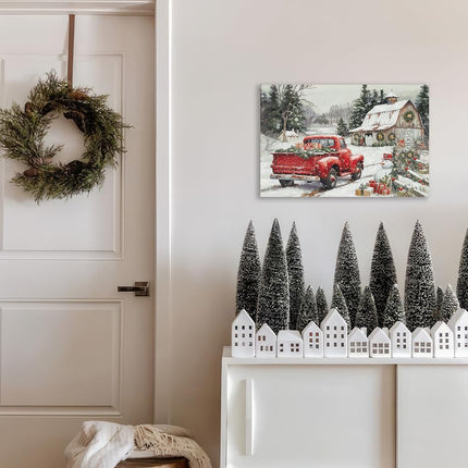 Framed Farmhouse Christmas Wall Decor - Red Truck Carrying s Old White Barn with Festival Ornaments Snowman Welcome Guests Snowy Winter Scene for Holiday Living Room Home Decorations 16"x24"