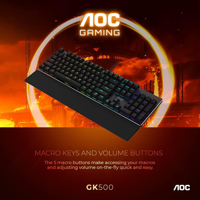 AOC Gaming Full RGB Mechanical Keyboard, 104-Key Outemu Blue Switches, Full NKRO, Detachable Wrist Rest, Light FX RGB, G-Menu Software (GK500)