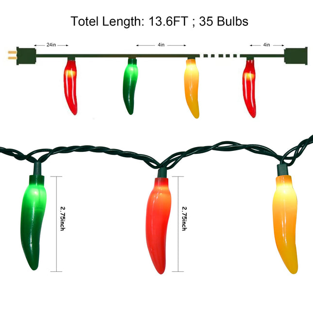 13.6FT Multicolor Chili String Lights, Home Decorative Light with 35 0.42W Red Green Yellow Chili Lights(2 Spare), Connectable Chili Pepper Lights for Outdoor Indoor Xmas Kitchen Terrace