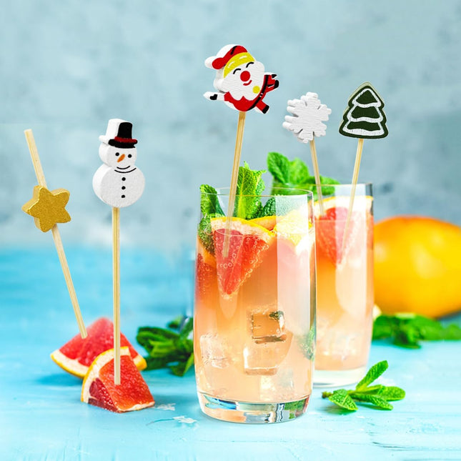 100 Pcs Christmas Cocktail Picks, Appetizer Decorative Toothpicks, Fruits Pick Wooden Bamboo Toothpicks Skewers for Christmas Cake Toppers Decorations, Drink Fruit Desser, Party Food
