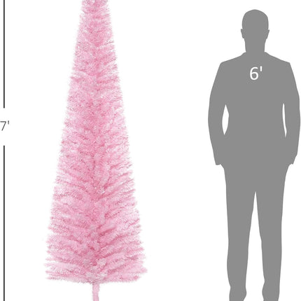 HOMCOM 7' Artificial Pencil Christmas Tree, Slim Xmas Tree with 499 Realistic Branch Tips and Plastic Stand, Pink