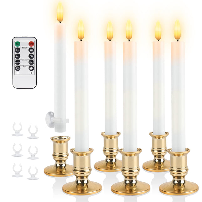 Christmas Window Candles, 6 Pack Lvory Flameless Taper Candles Flickering with Remote, Window Candles Battery Operated with Timer, 3D Wick, 6 Candle Holders & 6 Suction Cups - Christmas Decorations