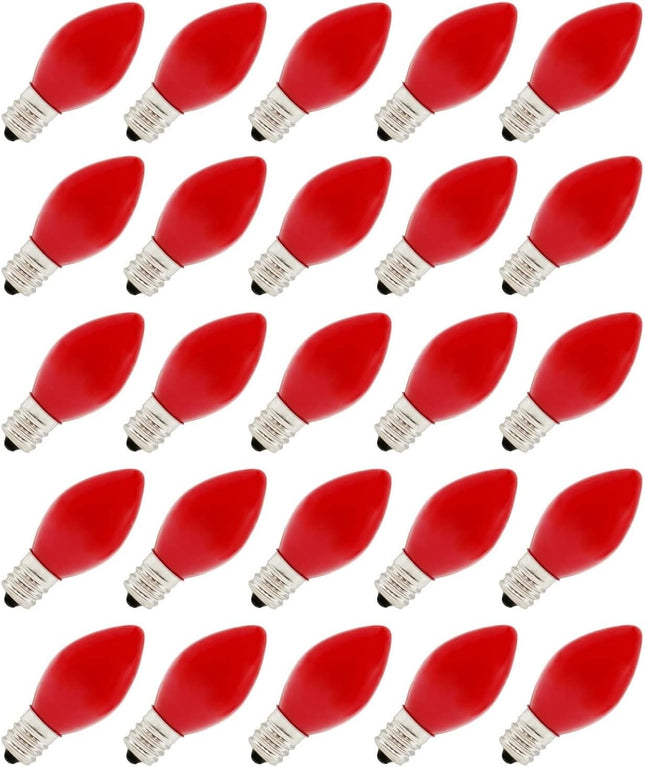 Creative Hobbies® Box of 25 Light Bulbs, Ceramic Opaque Red, Steady Burning, 7 Watt, C7 Candelabra Base -Great for Night Lights, Decorative Lights and Christmas Strings