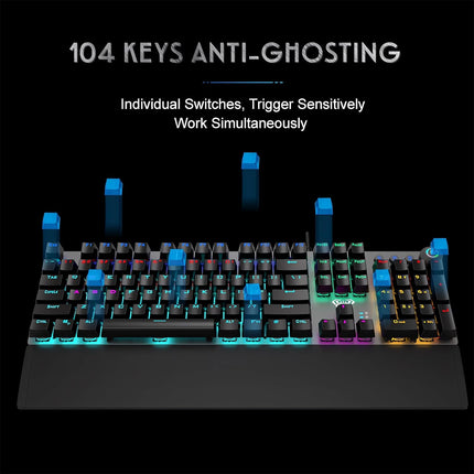 AULA True Mechanical Keyboard Wired LED Rainbow Backlit Gaming Keyboard with Tactile Brown Switches Detachable Wrist Rest, Full Size 108 Keys Anti-Ghosting Computer Mechanical Keyboard - Black