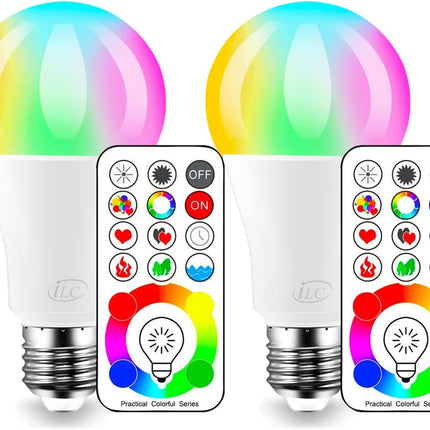 ILC LED Color Changing Light Bulb, 120 Colors, 5700K Daylight White, 70 Watt Equivalent with Remote Control RGBW RGB Daylight and White – Timing Function - A19 E26 Edison Screw (2 Pack)
