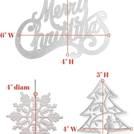 Christmas Ornament Set - 16 Pc Assorted Ornaments - Silver Glittered Plastic Tree Decorations - Merry Christmas, Tree, Snowflakes