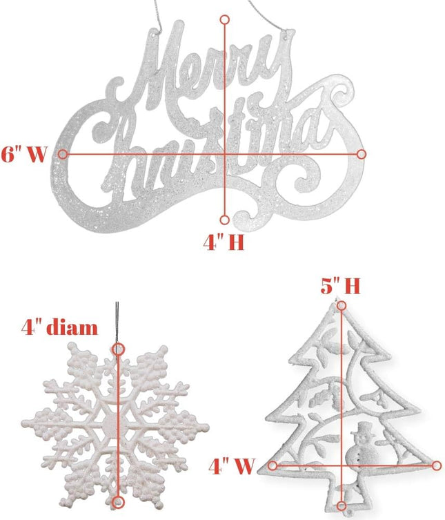 Christmas Ornament Set - 16 Pc Assorted Ornaments - Silver Glittered Plastic Tree Decorations - Merry Christmas, Tree, Snowflakes