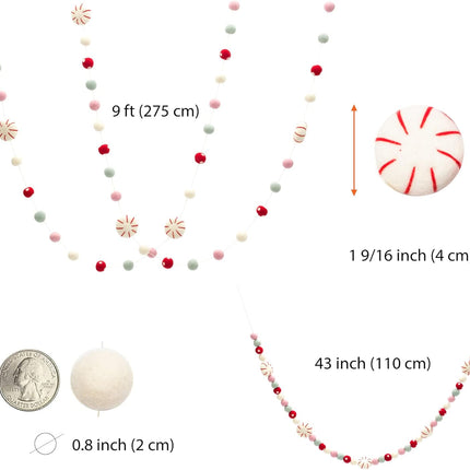 Glaciart One Peppermint Felt Ball Garland - Pompom Holiday Decoration Hand-Made from Natural Wool - Cute Hanging Decor for Christmas Tree, Mantel, Kids Bedroom, Living Room, Nursery - 9 Feet Long