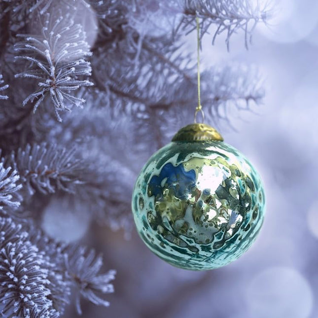 Set of 4 Crystal Blue Mercury Glass Ornaments (3.15" Antique Embossed Ball) - Perfect for Christmas Tree, Hanging Holiday Decoration, s & Home Decor