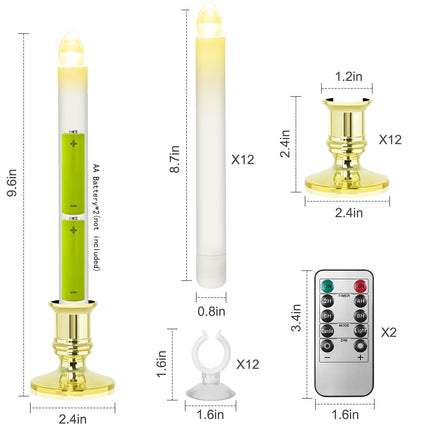 Window Candles 12 Pack Battery Operated Candles with Timer Flameless Candles Battery Candles with 2 Remote Controls Christmas Window Lights Golden Flickering Candles for Christmas Decorations