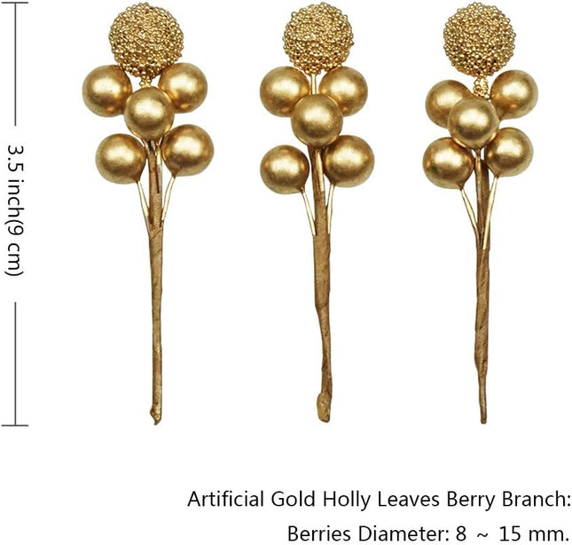 DRWATE Artificial Gold Holly Leaves Berry Picks Stems Fake Winter Christmas Berries Decor for DIY Garland and Holiday Wreath Ornaments, 16 Branch by Bilipala