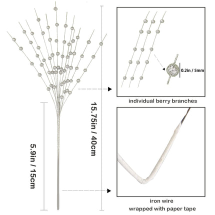 GREENTIME 10 Pack Silver Artificial Glitter Berry Stem Ornaments 15.7 Inches Fake Christmas Picks Decorative Glitter Sticks for Vase Christmas Tree DIY Wreath Crafts Fireplace Decor