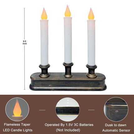 Battery Operated Window Candles, 3-Light Christmas Window Candles with Sensor Dusk to Dawn, 9'' Cordless Window Candles with Flameless Flicker Taper Lights, Battery Operated Candles for Window Decor