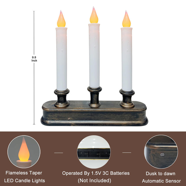 Battery Operated Window Candles, 3-Light Christmas Window Candles with Sensor Dusk to Dawn, 9'' Cordless Window Candles with Flameless Flicker Taper Lights, Battery Operated Candles for Window Decor