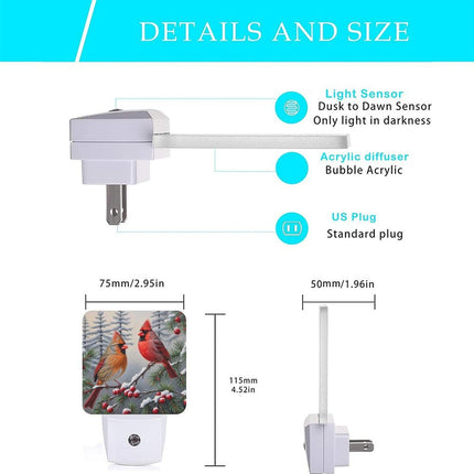 Christmas Cardinal Night Lights, 2Pack Winter Nightlights Plug-in Dusk to Dawn Smart Sensor Led Nightlight for Bedroom Bathroom Kitchen Hallway Stairs Energy Efficient Decor Desk Lamp