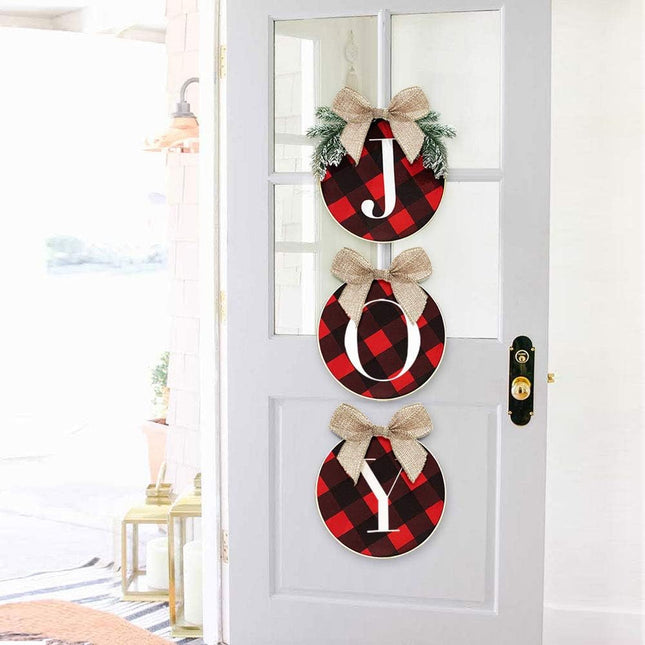 ORIENTAL CHERRY Christmas Decorations - Joy Sign - Buffalo Check Plaid Wreath for Front Door - Rustic Burlap Wooden Holiday Decor for Home Window Wall Farmhouse Indoor Outdoor