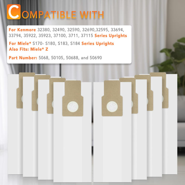 Type Ulo Vacuum Bags For Kenmore 5068, 50688, 50690, 50105 Upright Vacuum, 8 Pack Paper Bags For Miele Type Z, S170S180, S183, S184, For Panasonic Type U2, With 1 Foam Filter