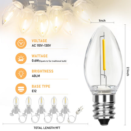 C7 Christmas Accessory Cord with Five Clear Light Bulbs, LED Lights White Cord with On/Off Switch Plugs, C7 Indoor String Lights for Christmas Halloween Model Toy Craft Village House Decoration