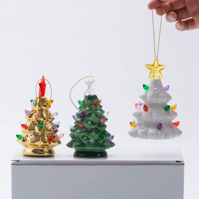 B SEPOR Set of 3 Mini 4.5" Inch Nostalgic LED Ceramic Christmas Tree with Lights Xmas Tree That Light Up Hanging Ornaments White Golden Green Assorted for Holiday Decoration and s