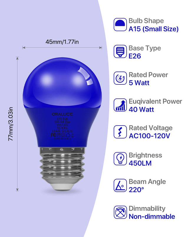 ORALUCE Blue Porch Light Bulb 40 Watt Equivalent,A15 LED Bulbs for Halloween Christmas Party Decoration and Lighting,Colored Light Bulb with E26 Base,5W 450LM Non-Dimmable,6 Pack.