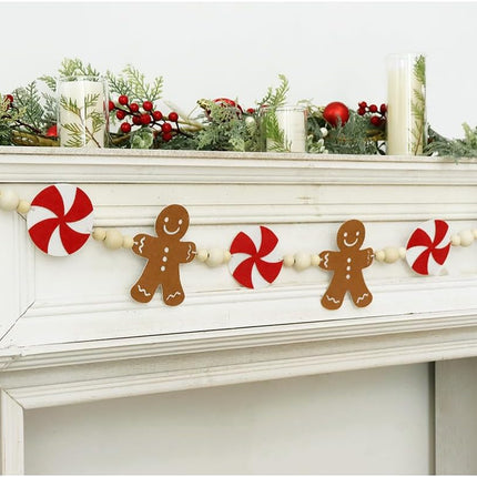 Garland Christmas Decorations Indoor: 6.5ft Farmhouse Gingerbread Man Peppermint Candy Wooden Beads Christmas Decor, Cute Rustic Gingerbread Ornaments Xmas Banner for Home Wall Mantel Fireplace