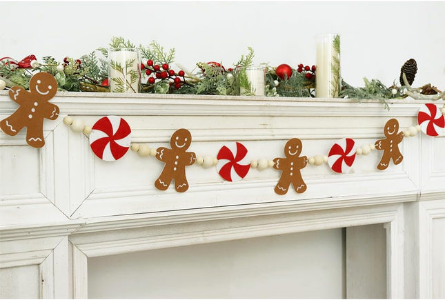 Garland Christmas Decorations Indoor: 6.5ft Farmhouse Gingerbread Man Peppermint Candy Wooden Beads Christmas Decor, Cute Rustic Gingerbread Ornaments Xmas Banner for Home Wall Mantel Fireplace