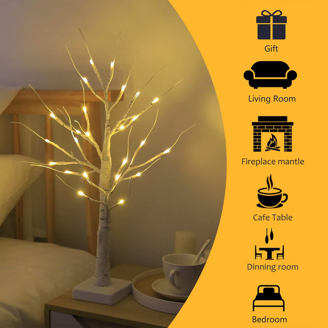 Birch Tree with LED Lights for Christmas Decor, Battery Operated/USB Powered Lighted Birch Tree, 2FT Warm White Artificial Light up Christmas Tree for Indoor Table Fireplace Decoration(Timer, 2 Pack)