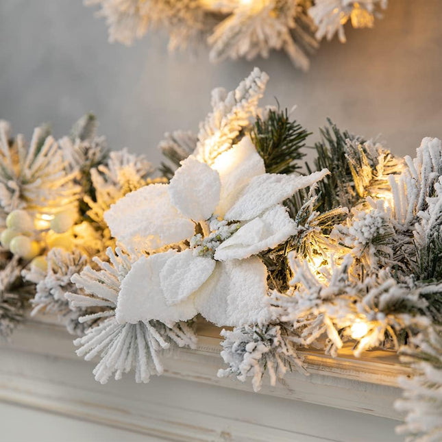Glitzhome 9ft Pre-Lit Snow Flocked Greenery Pine Poinsettia Christmas Garland, with 50 Warm White Lights with Timer