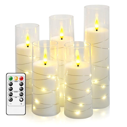 Flameless Candles Battery Operated,5 Pcs Acrylic Flickering LED Candles with Remote,with Embedded Star String Flameless Pillar Candle,Home Decor Halloween Christmas Creating Ambiance(White)