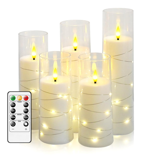 Flameless Candles Battery Operated,5 Pcs Acrylic Flickering LED Candles with Remote,with Embedded Star String Flameless Pillar Candle,Home Decor Halloween Christmas Creating Ambiance(White)