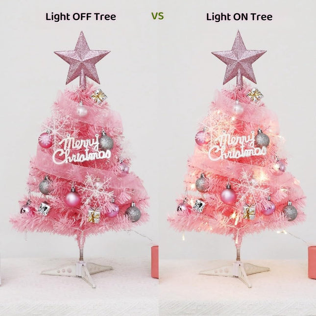 24" 2ft Tabletop Mini Pink Christmas Tree with Light and Star Topper and Ornaments.Pink Chrismas Decoration