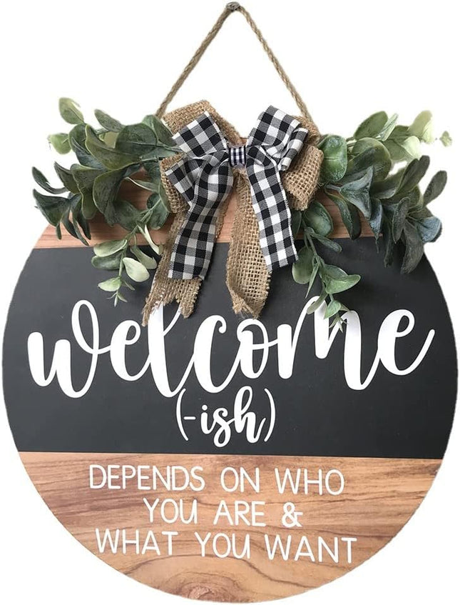Welcome Sign Front for Door Decoration, 12 in Round Wood Wreaths Wall Hanging Outdoor, Farmhouse, Porch, for Spring Summer Fall All Seasons Holiday Christmas