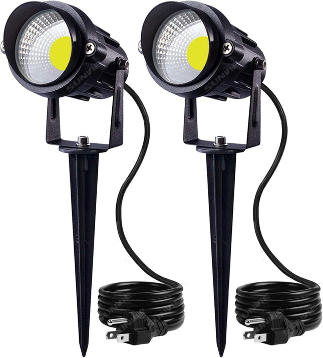 SUNVIE Outdoor Landscape LED Lighting 12W Waterproof Graden Lights COB Led Spotlights with Spiked Stand for Lawn Decorative Lamp US 3- Plug 6500K Daylight White (2 Packs)