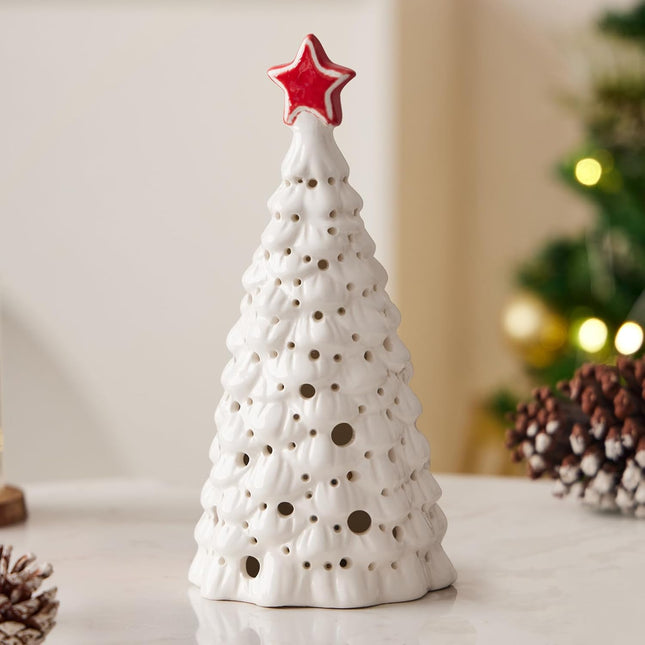 Christmas Decorations, Ceramic Christmas Tree, Small Tabletop Christmas Tree with Lights for Christmas Decor (8 inch, White)