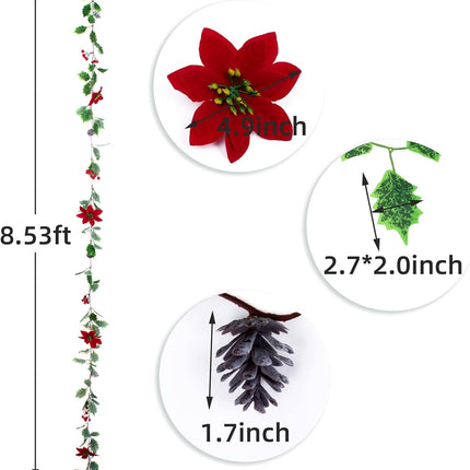 3 Pack Christmas Poinsettia Garland 25.5 Feet Artificial Poinsettia Flower Garland with Green Holly Leaves for Xmas Home Dining Room Deck Railing Staircase Decorations (Poinsettia Vine)