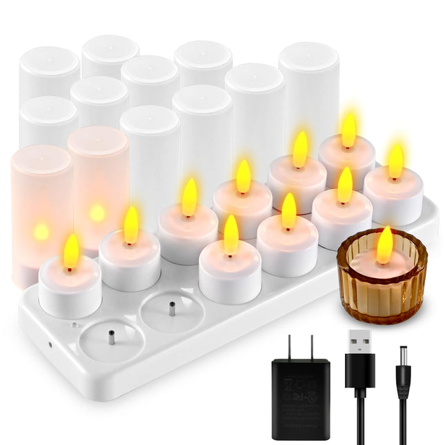 12PCS Rechargeable Candles Flameless Flickering LED Tea Lights Battery Operated with 3D Wicks and Base for Home, Restaurants,Wedding,Bar,Dinner,Christmas Decor(No Remote Control)