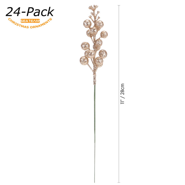 Sea Team 24-Pack Artificial Glitter Holly Berry Twig Ornaments, Decorative Fruit Sticks, Glittery Stems, Picks, Branches for Christmas Tree, Small Vase, Holiday, Wedding, Party (11", Champagne)