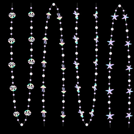 Iridescent Mermaid Birthday Party-Decorations Garland - 40FT Euphoria Under The Sea Jelly Fish Favors,Seashell Starfish Hanging Streamers Swirl,Little Mermaid Baby Shower Banner Decor Panduola