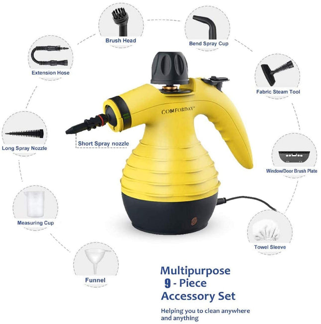 Comforday Multipurpose Handheld Pressurized Steam Cleaner With 9Piece Accessories, Perfect For Stain Removal, Curtains, Car Seats, Floor, Window Cleaning