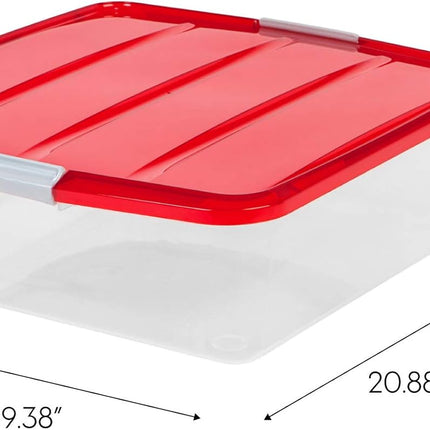 IRIS USA 33 Quart Christmas Wreath Storage Container Box with Lid, 3-Pack, Stackable Under Bed Storage Organizer Bin with Latching Buckles for 20" Wreaths Christmas Decorations Garlands, Clear/Red