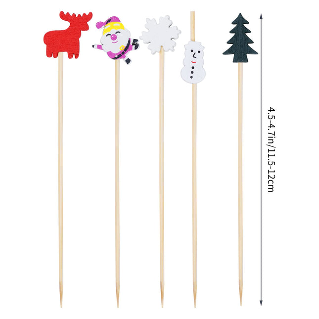 100pcs Christmas Cocktail Picks Appetizer Decorative Toothpicks Santa Claus Wooden Fruits Pick Snowflake Snowman Christmas Tree Elk Bamboo Sticks for Drink Cake Topper Dessert Xmas Party Food Decor