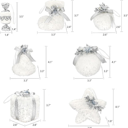 Nature Vibe Set of 18 Faux Fur White Christmas Ornaments in Box,Christmas Balls and Hanging Stars with Silver Accent as Christmas Tree Decorations or Winter Wonderland Decorations
