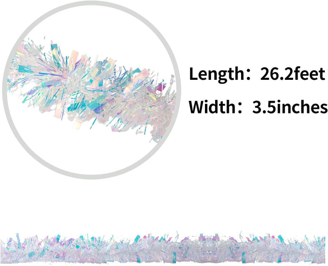 26.2 Feet Tinsel Garland, High-Shine and Fluffy, for Birthday, Weddings, Halloween, Christmas, Party Decorations, Indoor Outdoor Party Supplies, White