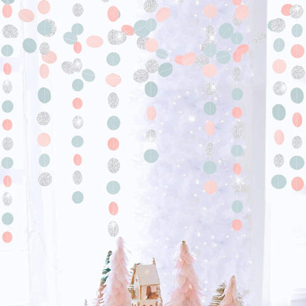Cheerland Party Decorations Glitter Silver Blue Pink Circle Garlands Streamer Hanging Dots Decoration Backdrop for Wedding Engagement Birthday Bridal Baby Shower Backdrop Party Supplies