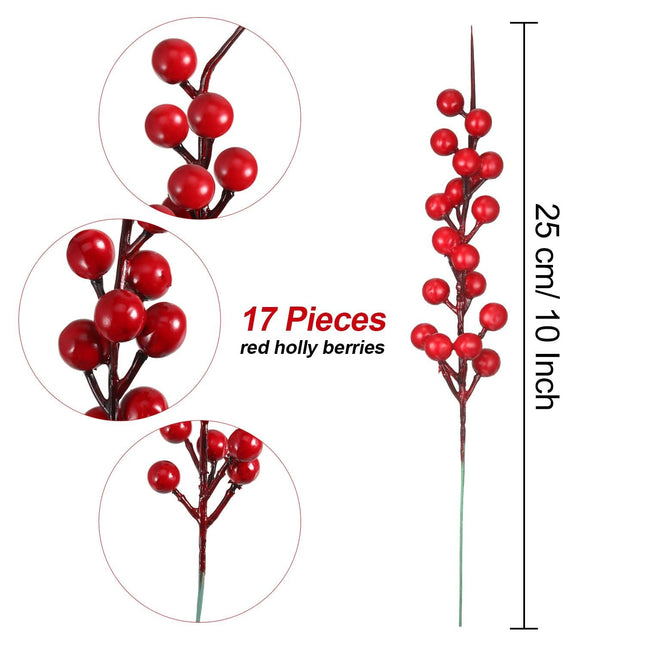 Set of 20 Christmas Artificial Holly Berries Twig Stem Artificial Flowers Winter Berries Bunch Fake Berries Bunch for Christmas Tree Decorations and DIY Craft (Red, Style D)