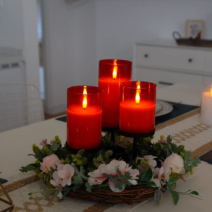 Amagic Red Glass Flameless Candles Battery Operated with Timer, Remote Control, LED Pillar Candles Battery Powered, Wax, D3 H4 5" 6", Set of 3